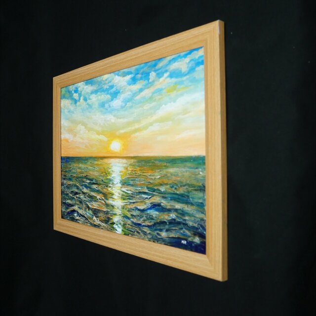 黎明のポリフォニー】朝日の海 油絵 A4額縁付 / 夏の夕日 朝焼け