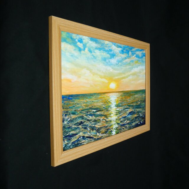 【黎明のポリフォニー】朝日の海 油絵 A4額縁付 / 夏の夕日 朝焼け 模様替え 黎明のポリフォニー】朝日の海 油絵 A4額縁付 / 夏の夕日 朝焼け