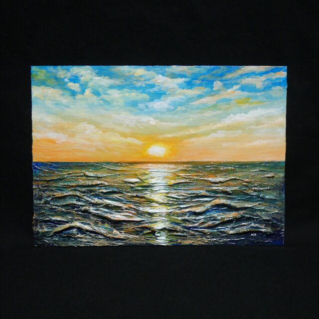 【黎明のポリフォニー】朝日の海 油絵 A4額縁付 / 夏の夕日 朝焼け 模様替え 黎明のポリフォニー】朝日の海 油絵 A4額縁付 / 夏の夕日 朝焼け