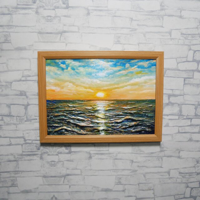 黎明のポリフォニー】朝日の海 油絵 A4額縁付 / 夏の夕日 朝焼け
