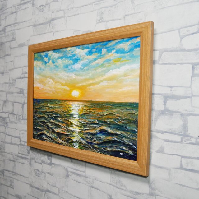 黎明のポリフォニー】朝日の海 油絵 A4額縁付 / 夏の夕日 朝焼け