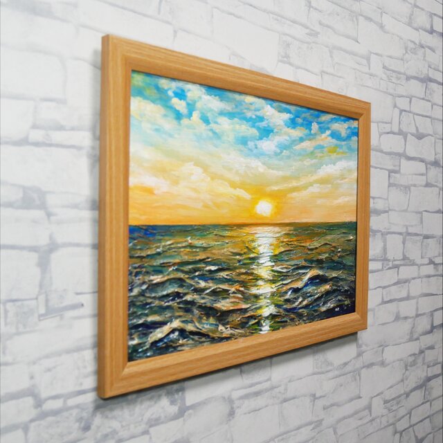 黎明のポリフォニー】朝日の海 油絵 A4額縁付 / 夏の夕日 朝焼け