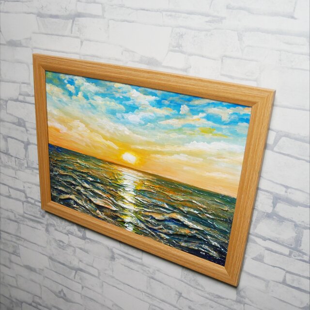 黎明のポリフォニー】朝日の海 油絵 A4額縁付 / 夏の夕日 朝焼け