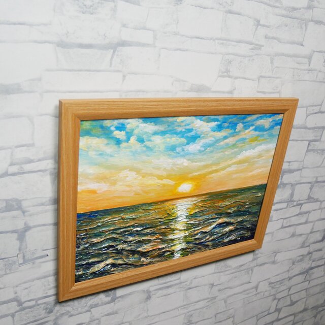 黎明のポリフォニー】朝日の海 油絵 A4額縁付 / 夏の夕日 朝焼け
