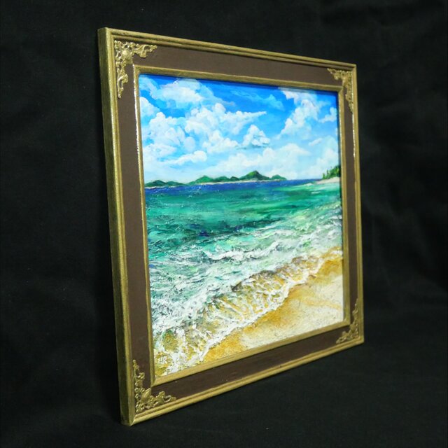 油彩画【エメラルド・エスケープ】夏の海と白波を描いた原画 額装