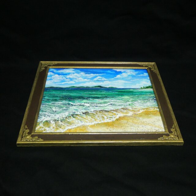 油彩画【エメラルド・エスケープ】夏の海と白波を描いた原画 額装
