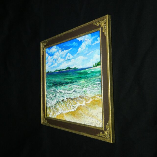 油彩画【エメラルド・エスケープ】夏の海と白波を描いた原画 額装