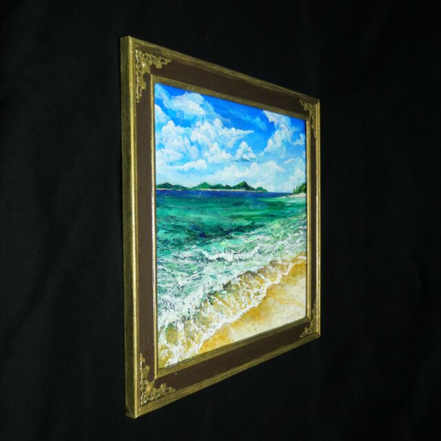 油彩画【エメラルド・エスケープ】夏の海と白波を描いた原画 額装