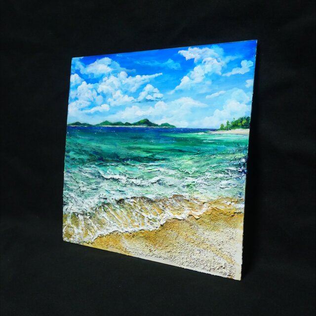 油彩画【エメラルド・エスケープ】夏の海と白波を描いた原画 額装