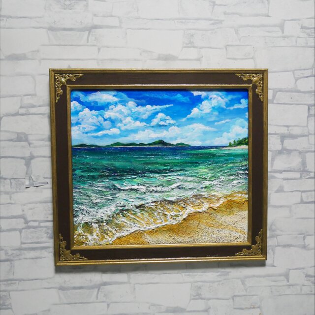 海の絵。油絵。原画。光の海 油彩画【エメラルド・エスケープ】夏の海と白波を描いた原画 額装