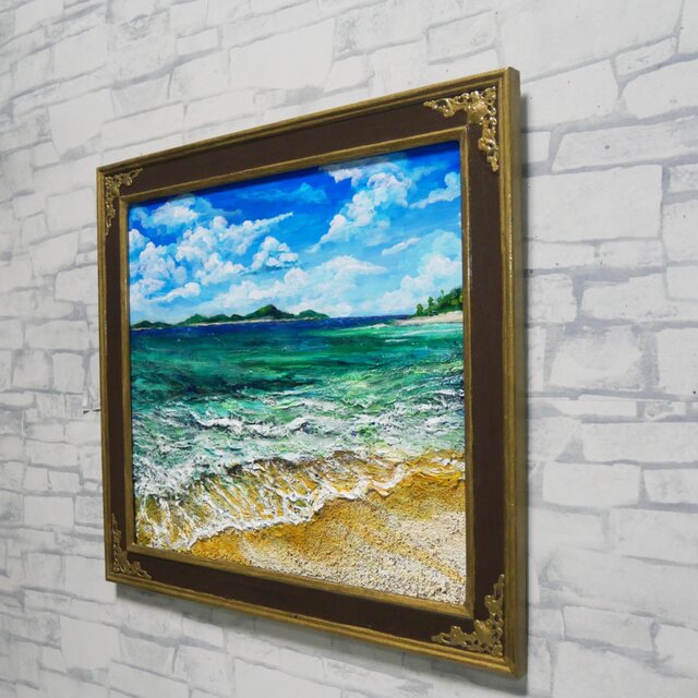 海の風景 油彩画 木製フレーム 油彩画【エメラルド・エスケープ】夏の海と白波を描いた原画 額装