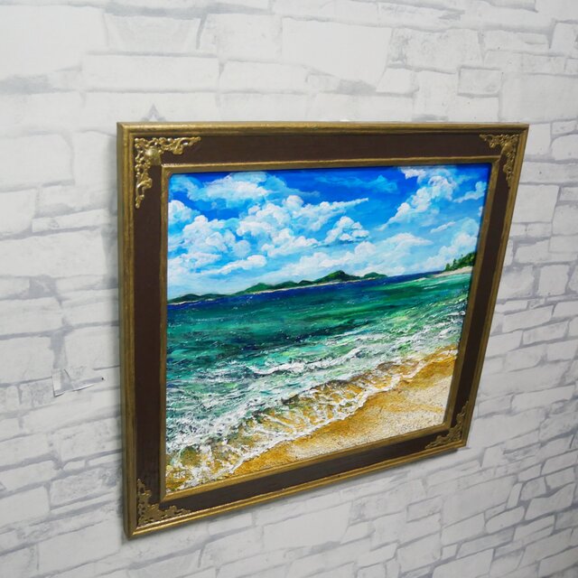 油彩画【エメラルド・エスケープ】夏の海と白波を描いた原画 額装