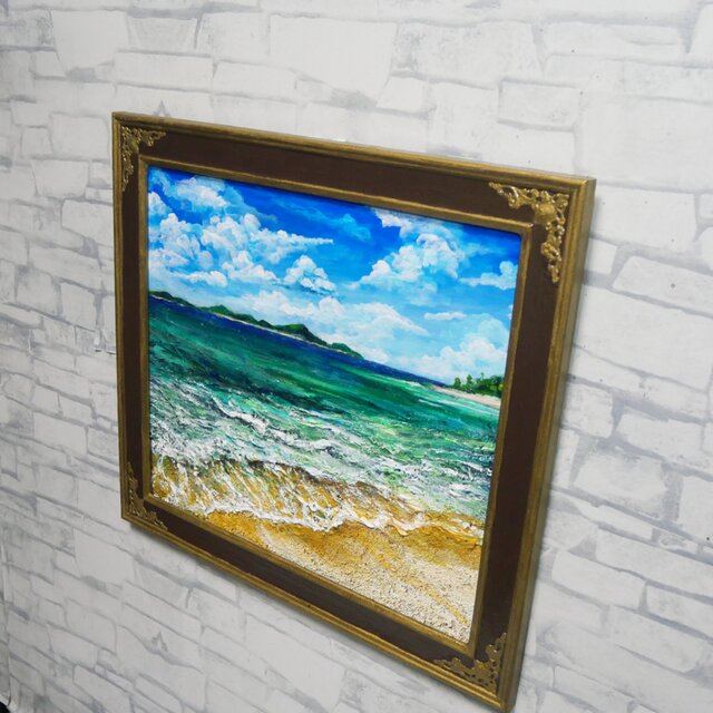油彩画【エメラルド・エスケープ】夏の海と白波を描いた原画 額装