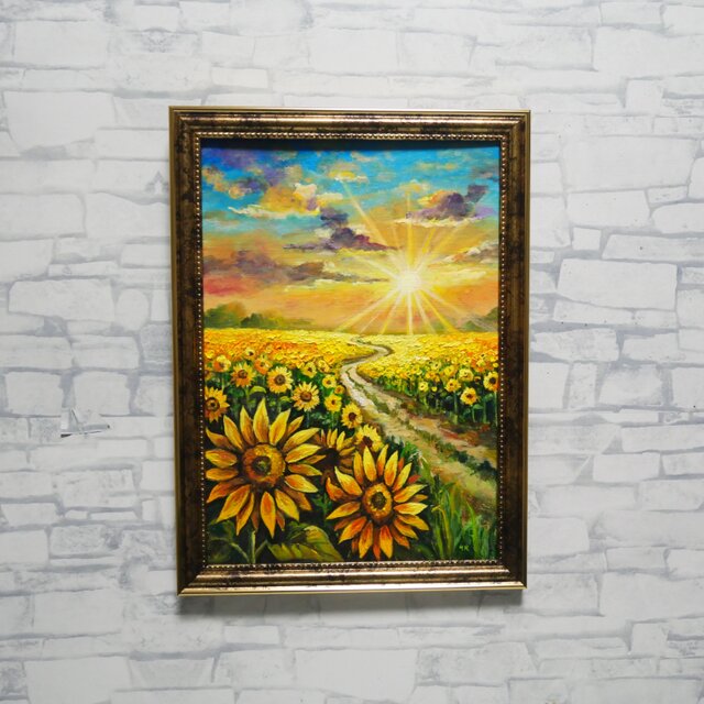 油絵 絵画 【ひまわりの丘】 輝く太陽とひまわり畑の情景【陽光のパノラマ 〜ひまわりの祝祭
