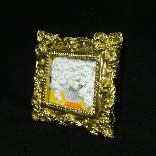 花束 油彩画　油絵　 金色フレーム　額縁 幸運の白い花束】油絵ミニ額縁アート / お部屋に春（秋）の彩りを