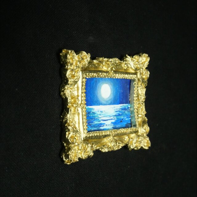 ロイヤル・ムーンライト】夏の夜の海と満月◇油絵ミニ絵画