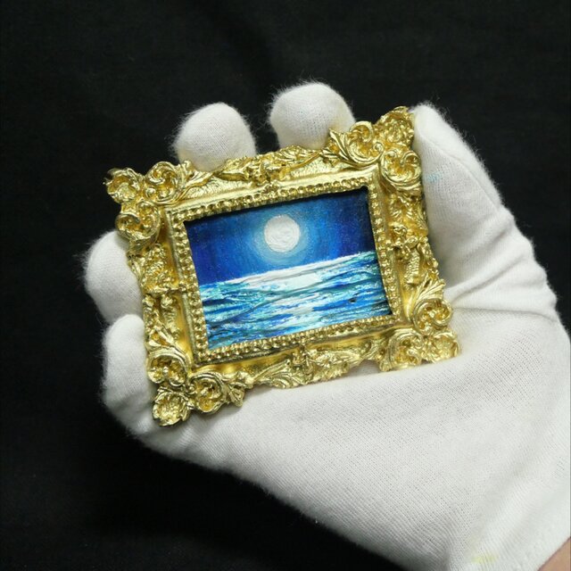 ロイヤル・ムーンライト】夏の夜の海と満月◇油絵ミニ絵画