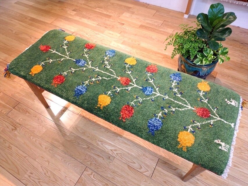 ペルシャ アンティーク ランナー ラグ ハンドメイド ペルシャ ギャッベ ミニランナー ラグ 113x40cm 緑色