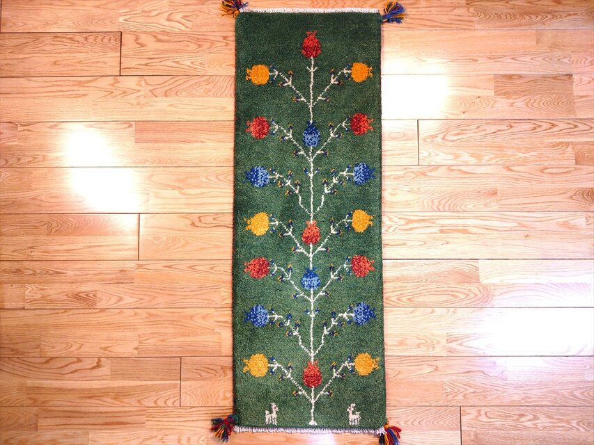 ハンドメイド ペルシャ ギャッベ ミニランナー ラグ 113x40cm 緑色