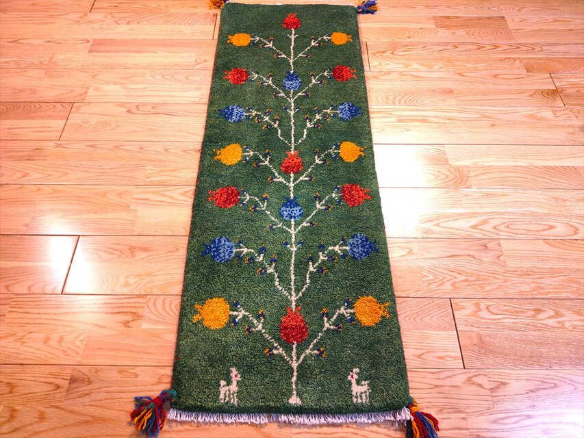 ハンドメイド ペルシャ ギャッベ ミニランナー ラグ 113x40cm 緑色