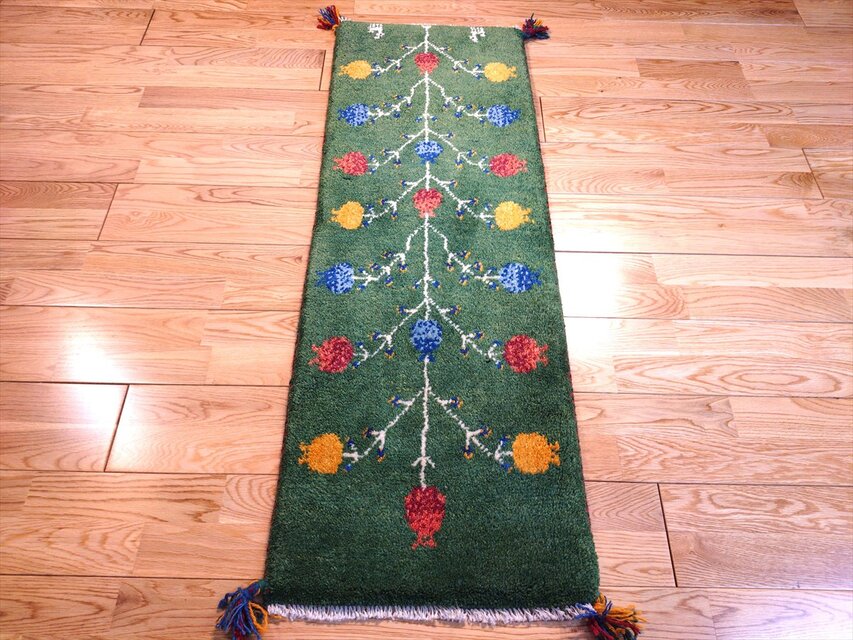 ハンドメイド ペルシャ ギャッベ ミニランナー ラグ 113x40cm 緑色