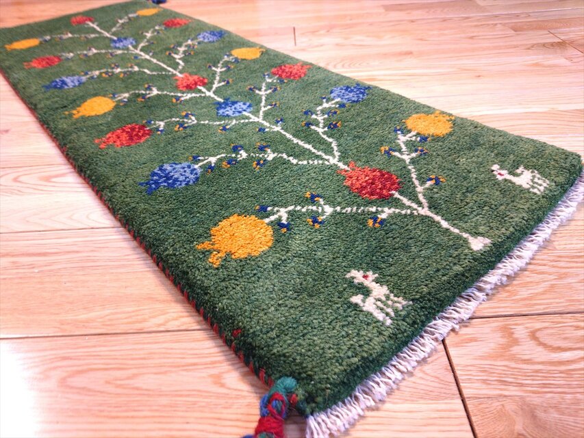 ハンドメイド ペルシャ ギャッベ ミニランナー ラグ 113x40cm 緑色
