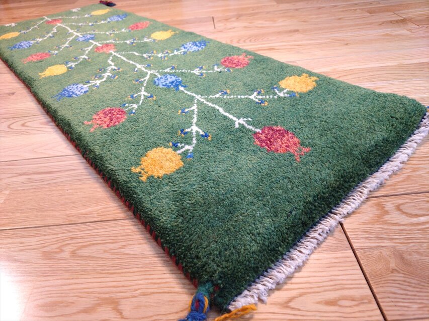 ハンドメイド ペルシャ ギャッベ ミニランナー ラグ 113x40cm 緑色