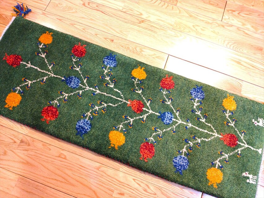 ハンドメイド ペルシャ ギャッベ ミニランナー ラグ 113x40cm 緑色