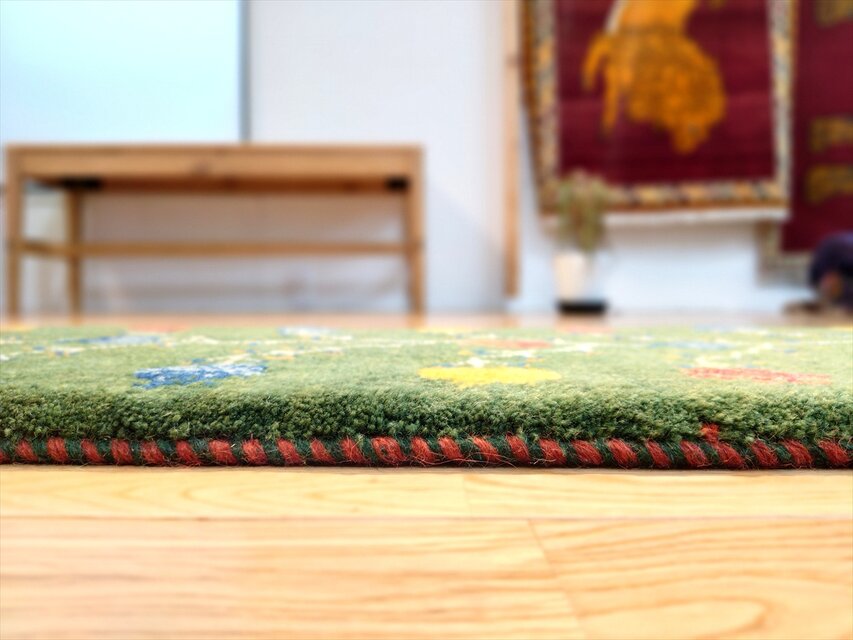 ハンドメイド ペルシャ ギャッベ ミニランナー ラグ 113x40cm 緑色