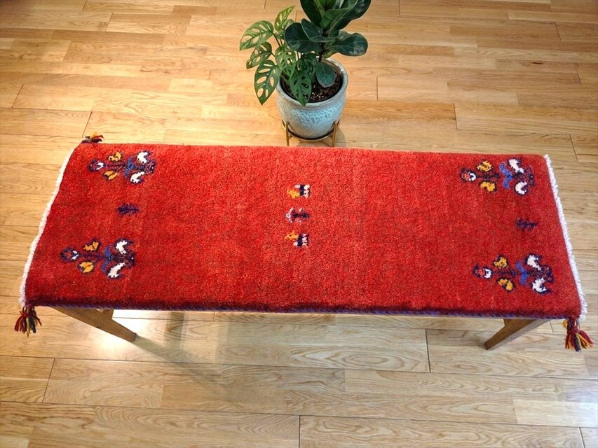 ペルシャ 手作り ランナー ラグ ハンドメイド ペルシャ ギャッベ ミニランナー ラグ 115x40cm 茜色 花