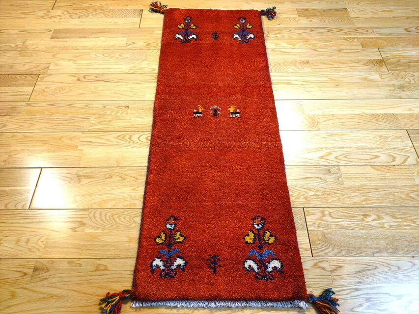 ハンドメイド ペルシャ ギャッベ ミニランナー ラグ 115x40cm 茜色 花