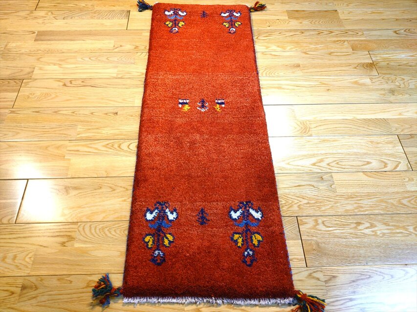 ハンドメイド ペルシャ ギャッベ ミニランナー ラグ 115x40cm 茜色 花