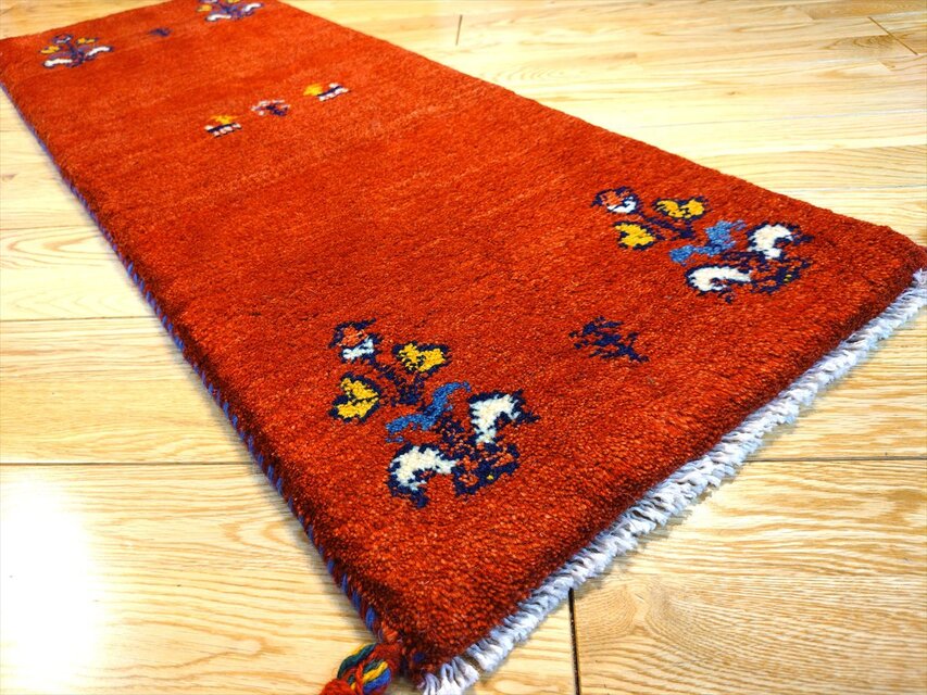ハンドメイド ペルシャ ギャッベ ミニランナー ラグ 115x40cm 茜色 花