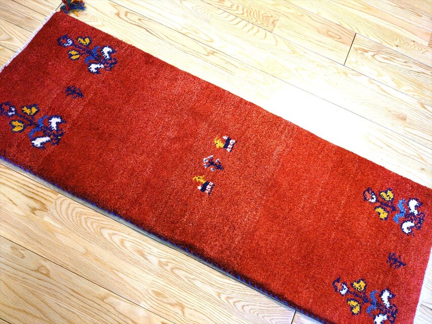ハンドメイド ペルシャ ギャッベ ミニランナー ラグ 115x40cm 茜色 花