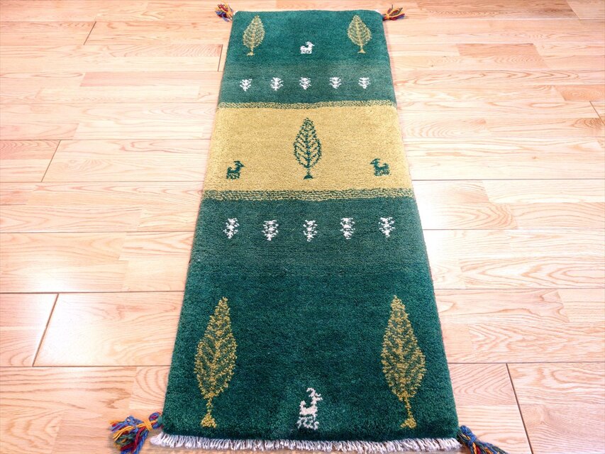 ハンドメイド ペルシャ ギャッベ ミニランナー ラグ 118x43cm 緑色 黄