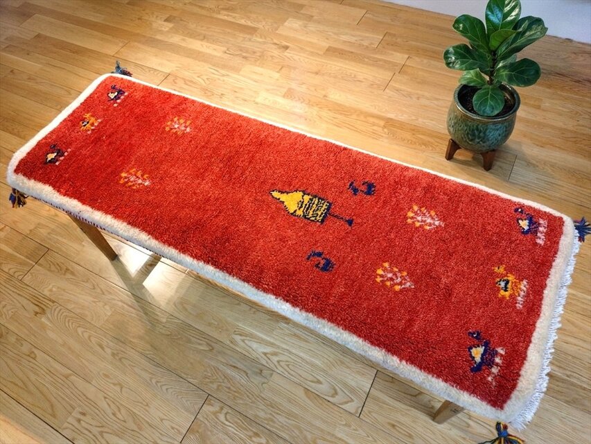 ペルシャ 手作り ランナー ラグ ハンドメイド ペルシャ ギャッベ ミニランナー ラグ 120x43cm 茜色