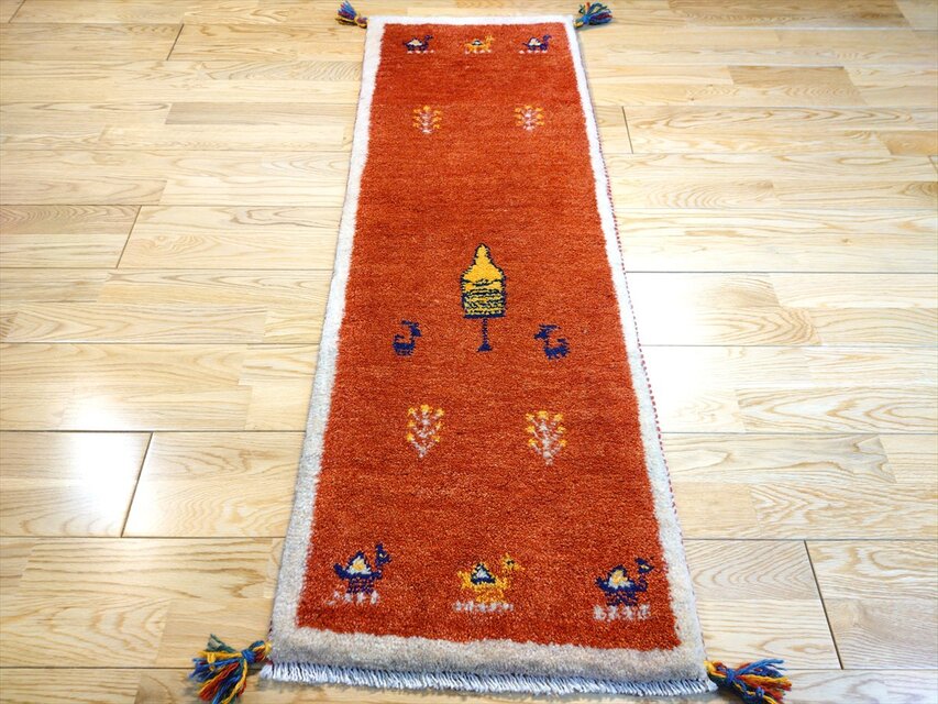 ハンドメイド ペルシャ ギャッベ ミニランナー ラグ 120x43cm 茜色