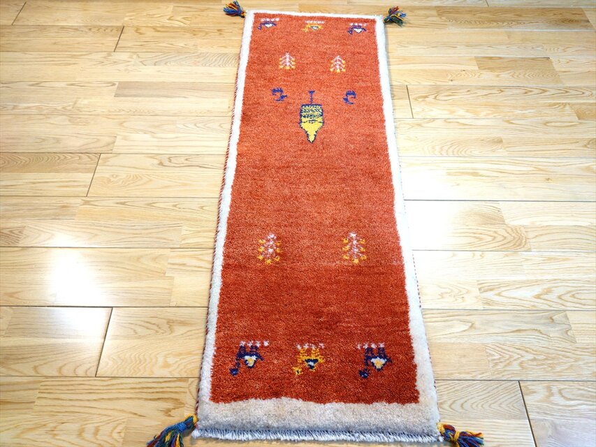 ハンドメイド ペルシャ ギャッベ ミニランナー ラグ 120x43cm 茜色