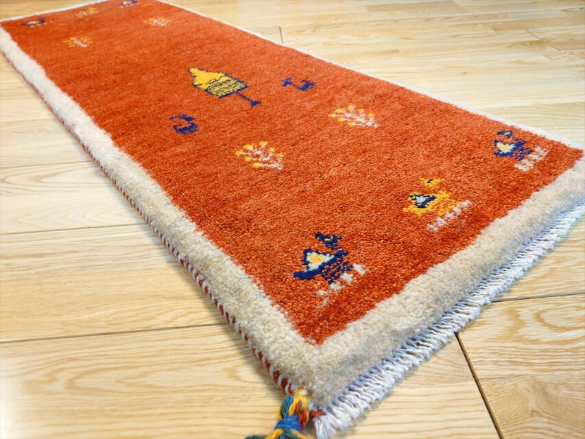 ハンドメイド ペルシャ ギャッベ ミニランナー ラグ 120x43cm 茜色