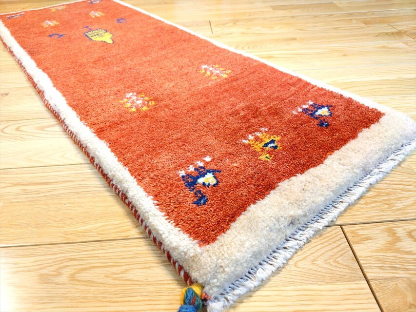 ハンドメイド ペルシャ ギャッベ ミニランナー ラグ 120x43cm 茜色