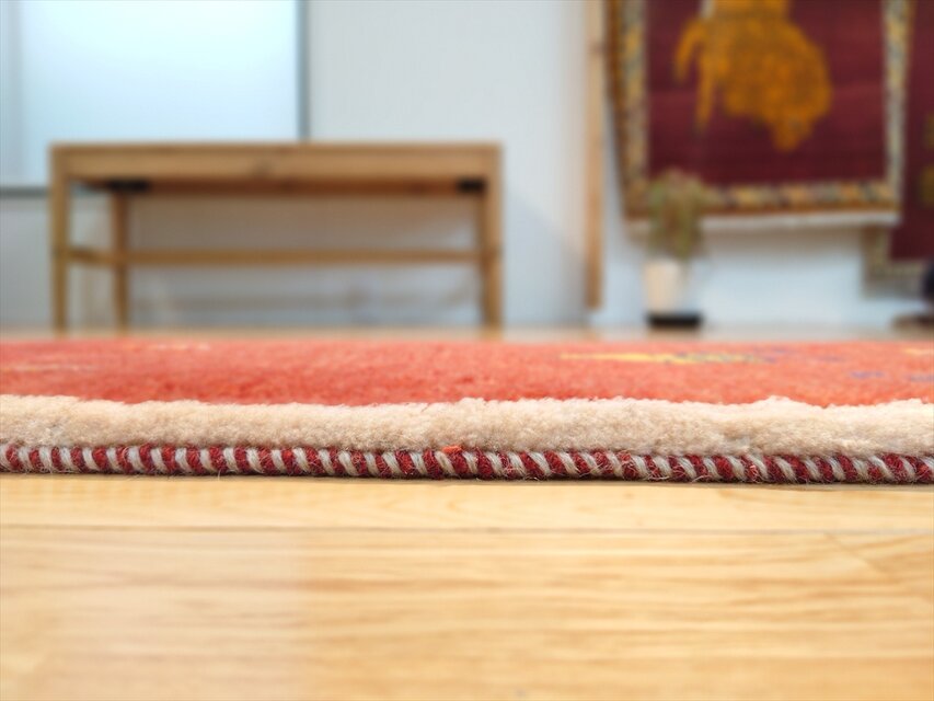 ハンドメイド ペルシャ ギャッベ ミニランナー ラグ 120x43cm 茜色