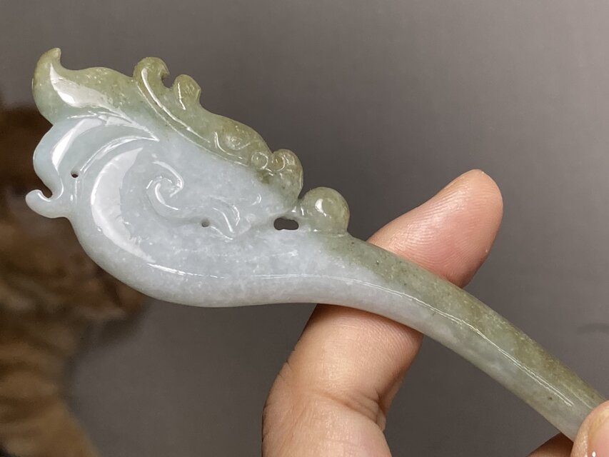 KZ4-109 美品 糯種 簪 ミャンマー産 天然 A貨 本翡翠 1本 簪 龍