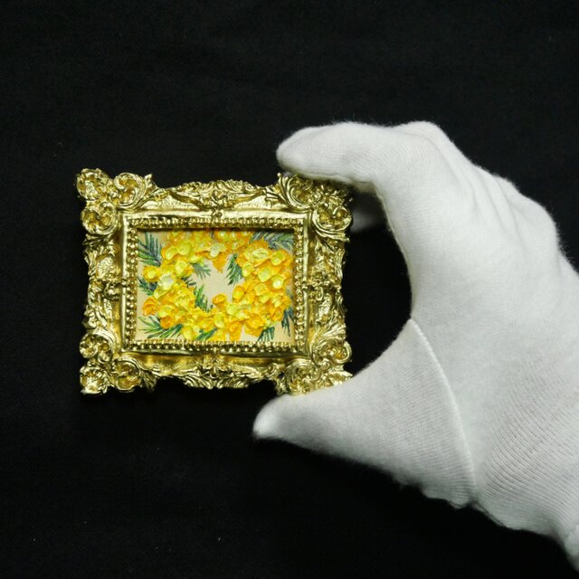 美品1980年代作 真作（一点もの）木製額装◆安藤岬「黄色のストール」パステル画 黄金色の祝福（ミモザリース）」ミニ油絵 原画 / 額縁付きインテリア