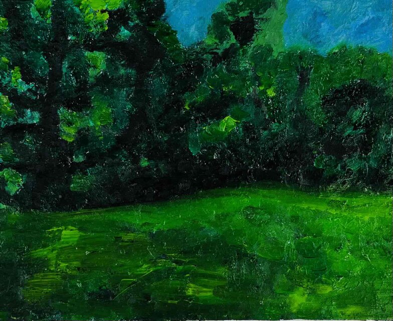 原画・油彩「夏の公園 2026」絵画 ・F3（22×27㎝ ）アート・キャンバス
