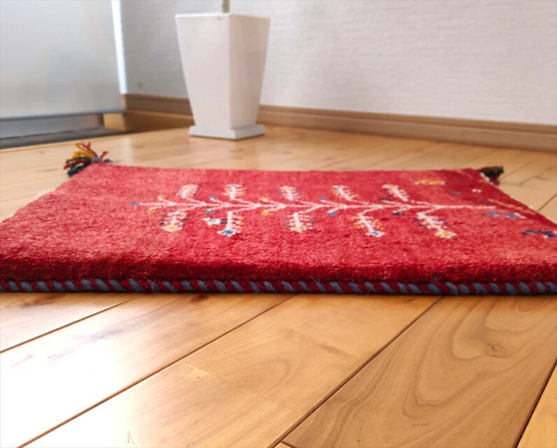 ハンドメイド ペルシャ ギャッベ 玄関マット小 ラグ 57x42cm 茜色 風景