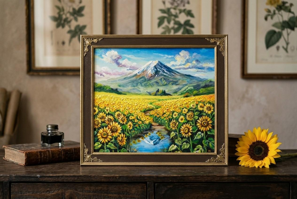 油彩画「向日葵の咲く聖峰の麓」額装（ひまわり 富士山 風景画 夏の