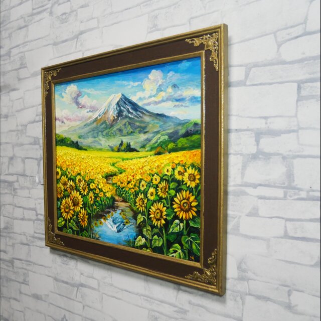 油彩画 山岳風景画 額装品 島本良平「安曇野爽風」油彩画 肉筆風景画