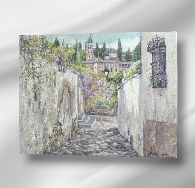 アルバイシンの路地から（油絵6号、スペイン、グラナダ、原画、春
