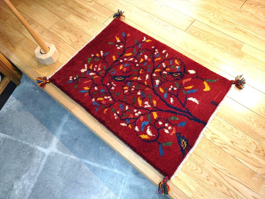 ハンドメイド ペルシャ ギャッベ 玄関マット ラグ 84x62cm 鳥 花