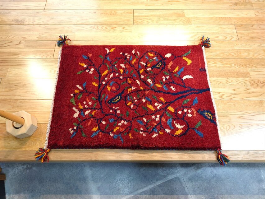 ハンドメイド ペルシャ ギャッベ 玄関マット ラグ 84x62cm 鳥 花